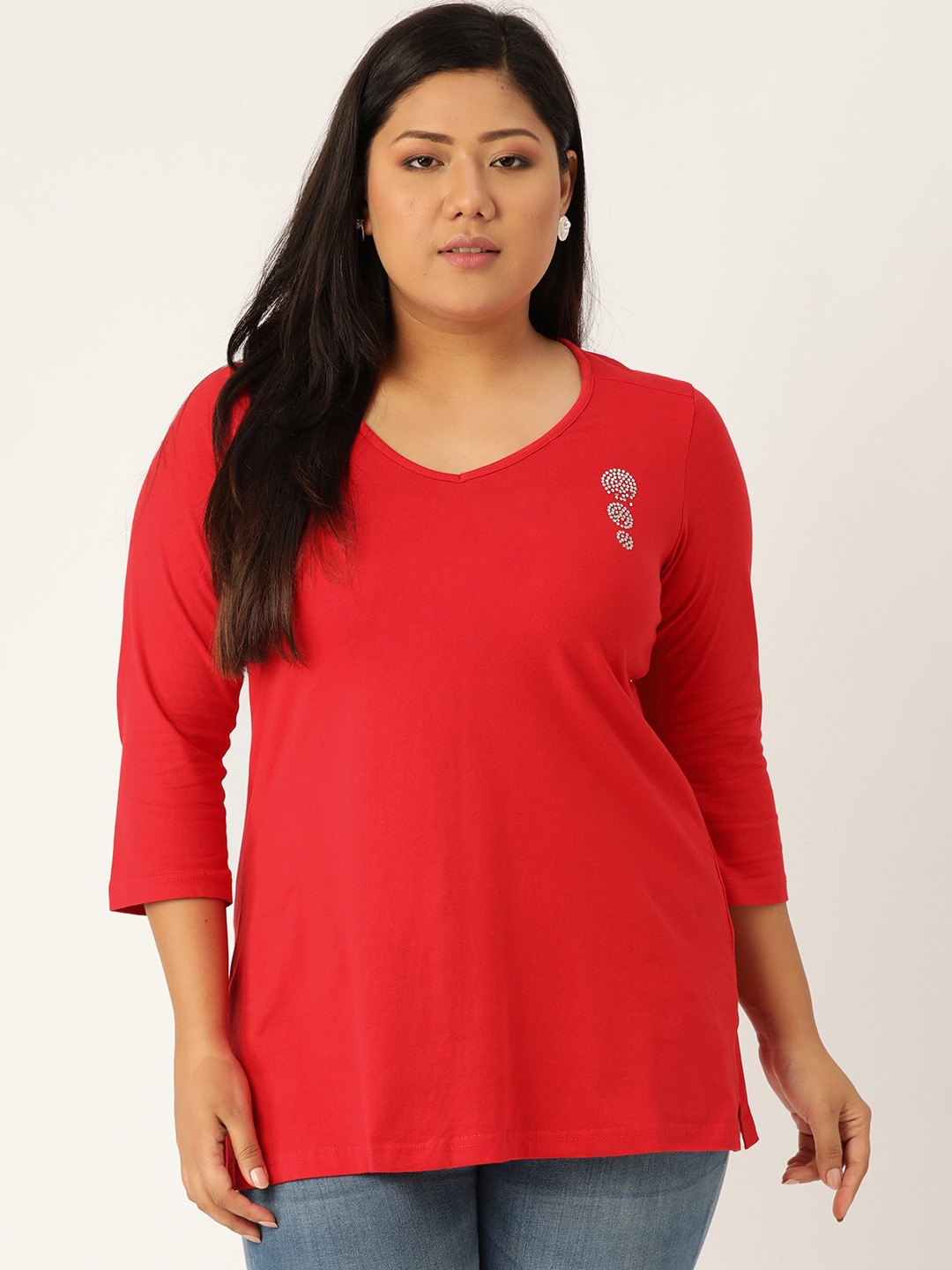 Women's Plus Size Red Solid V-Neck 3/4th Sleeve T-Shirt