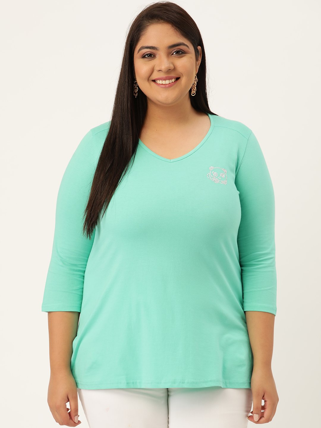 Women's Plus Size Sea Green Solid V-Neck 3/4th Sleeve T-Shirt