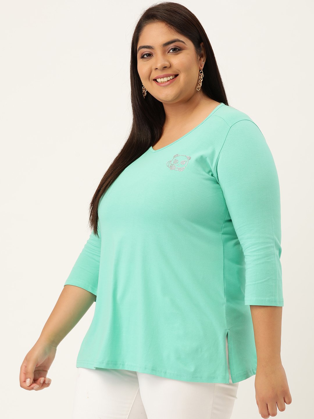 Women's Plus Size Sea Green Solid V-Neck 3/4th Sleeve T-Shirt