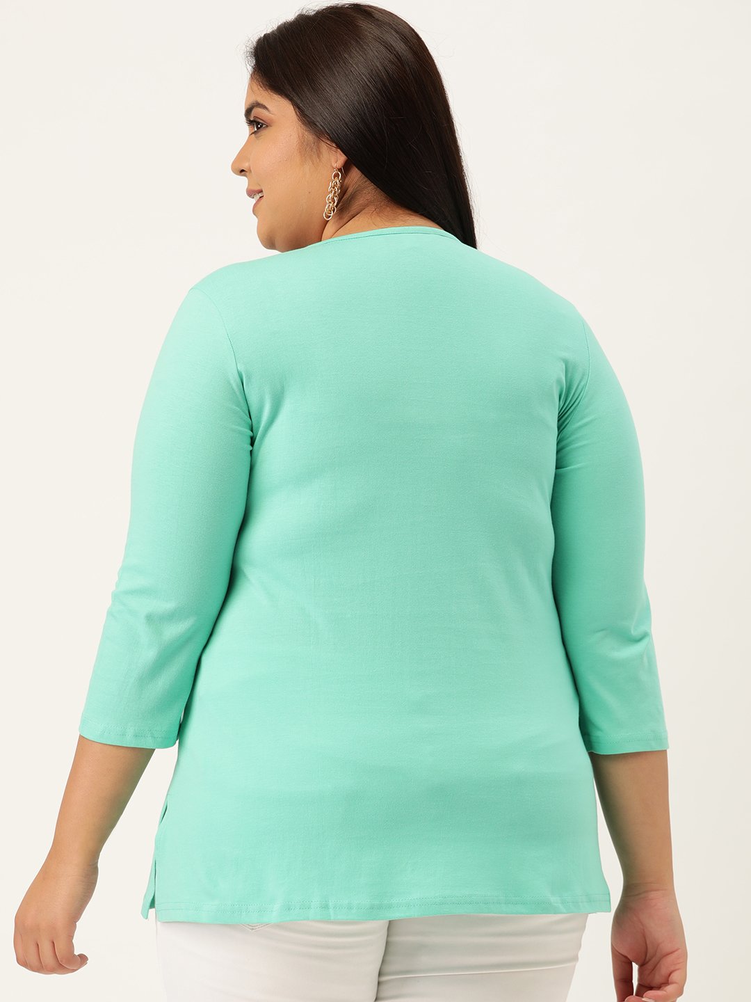 Women's Plus Size Sea Green Solid V-Neck 3/4th Sleeve T-Shirt