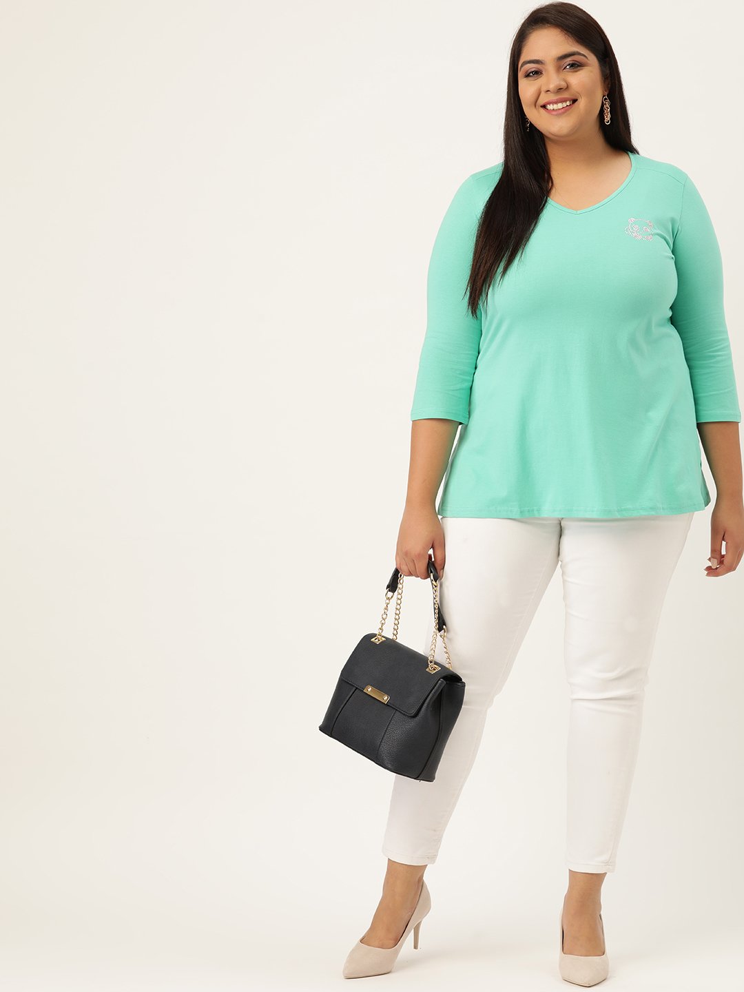 Women's Plus Size Sea Green Solid V-Neck 3/4th Sleeve T-Shirt