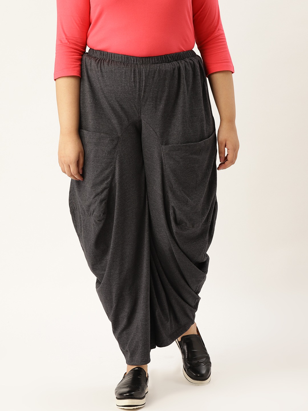 Women's Plus Size Grey Melange Solid Color Knitted Flared Trouser