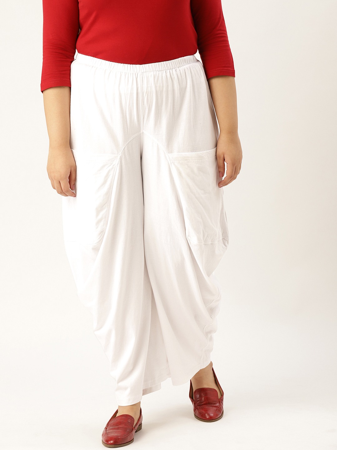 Women's Plus Size White Solid Color Knitted Flared Trouser