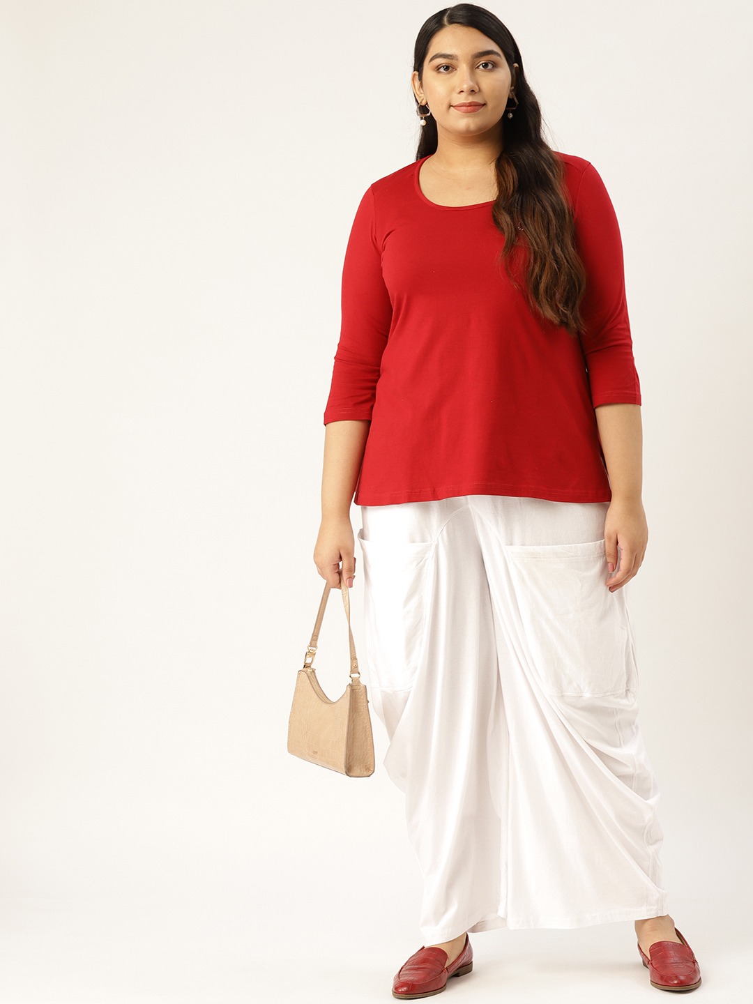 Women's Plus Size White Solid Color Knitted Flared Trouser