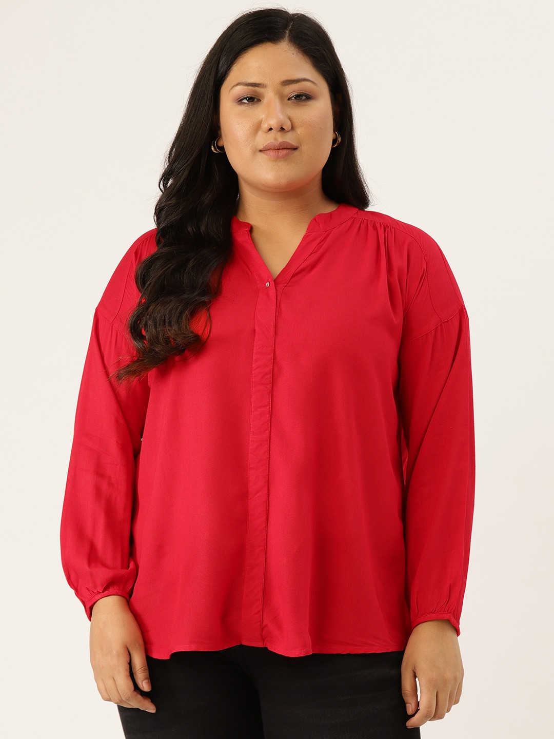 Women's Plus Size Red Solid Color Smocked Detail High Low Top