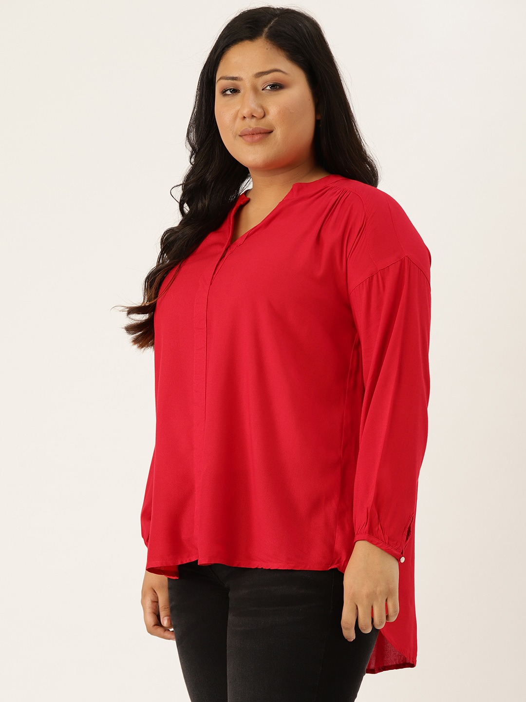 Women's Plus Size Red Solid Color Smocked Detail High Low Top