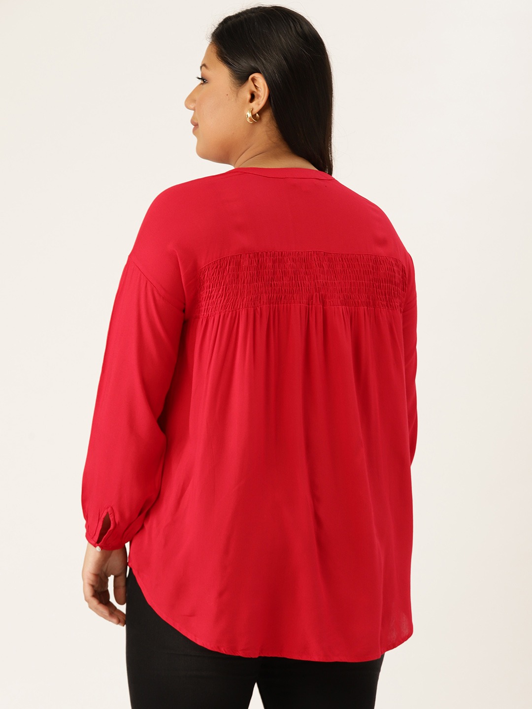Women's Plus Size Red Solid Color Smocked Detail High Low Top