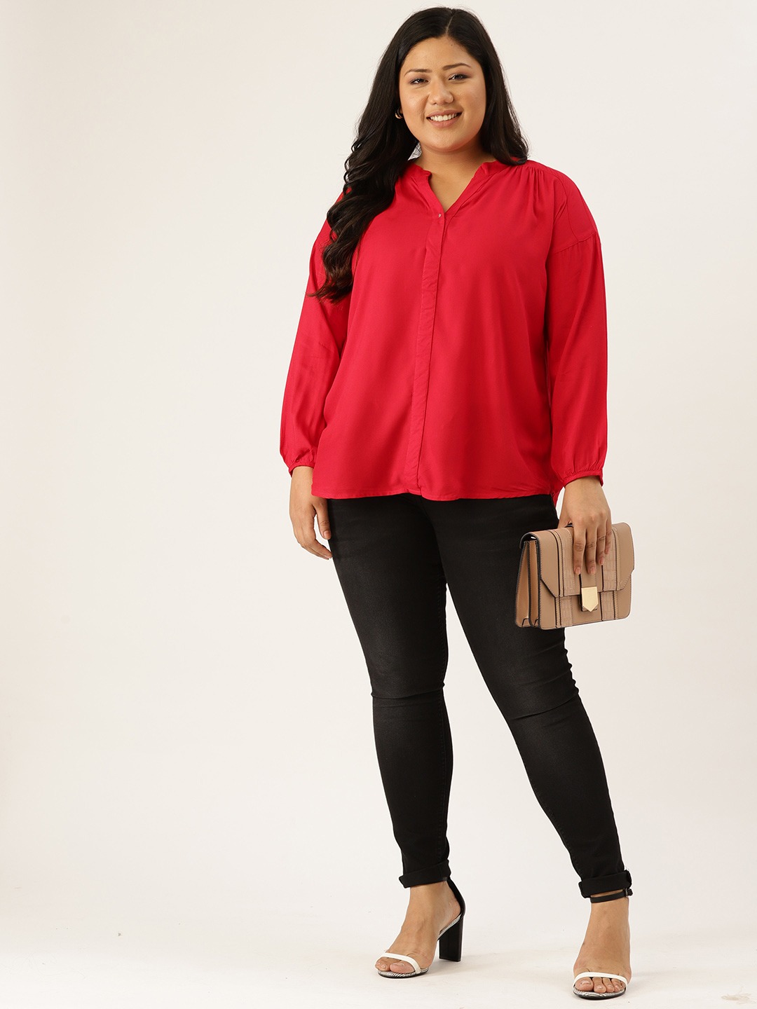 Women's Plus Size Red Solid Color Smocked Detail High Low Top