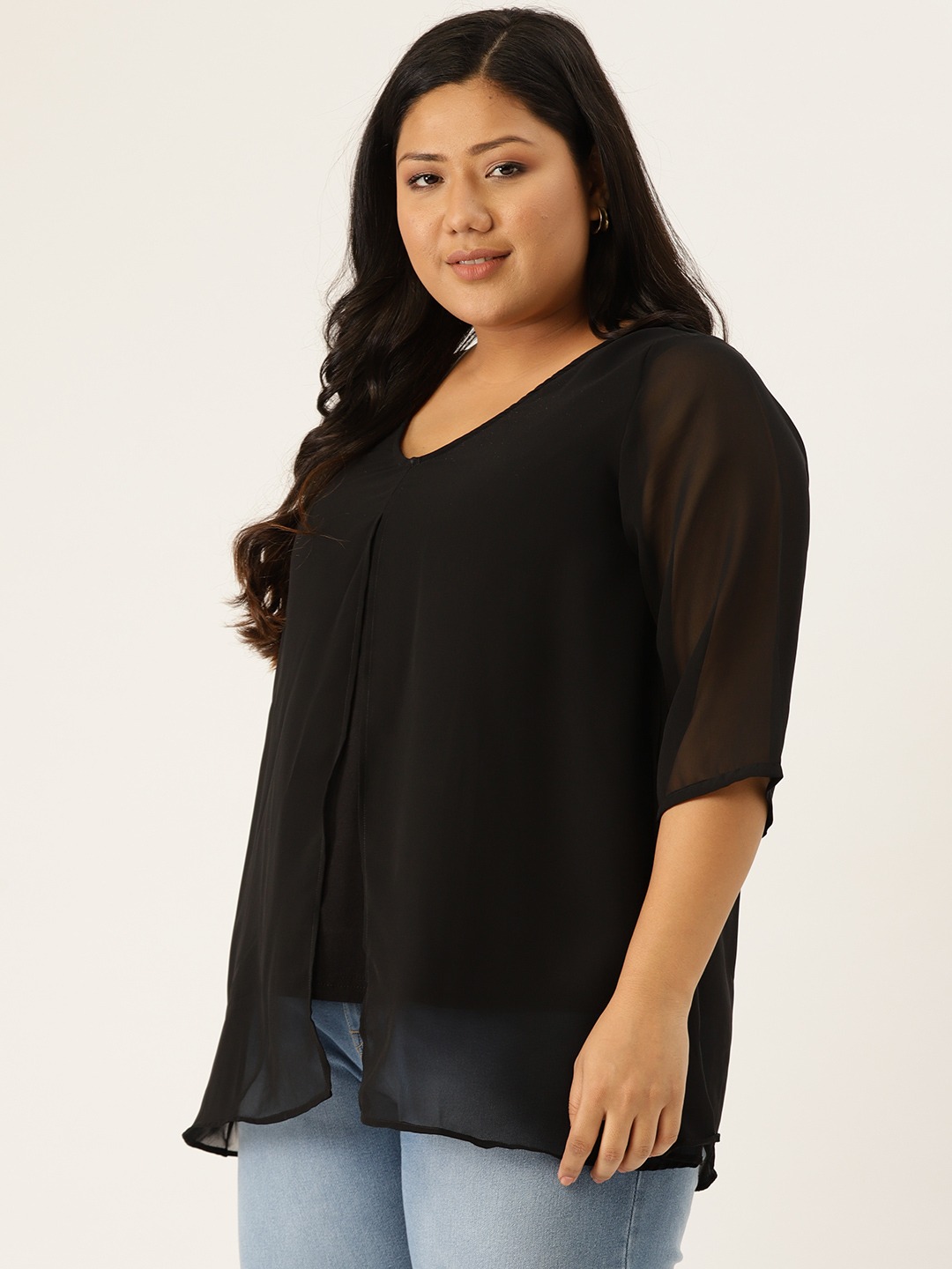 Women's Plus Size Black Solid Color Layered Top