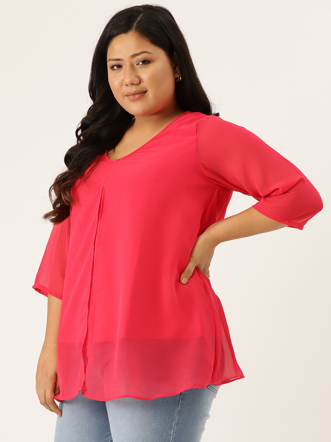 Women's Plus Size Fuchsia Solid Color Layered Top