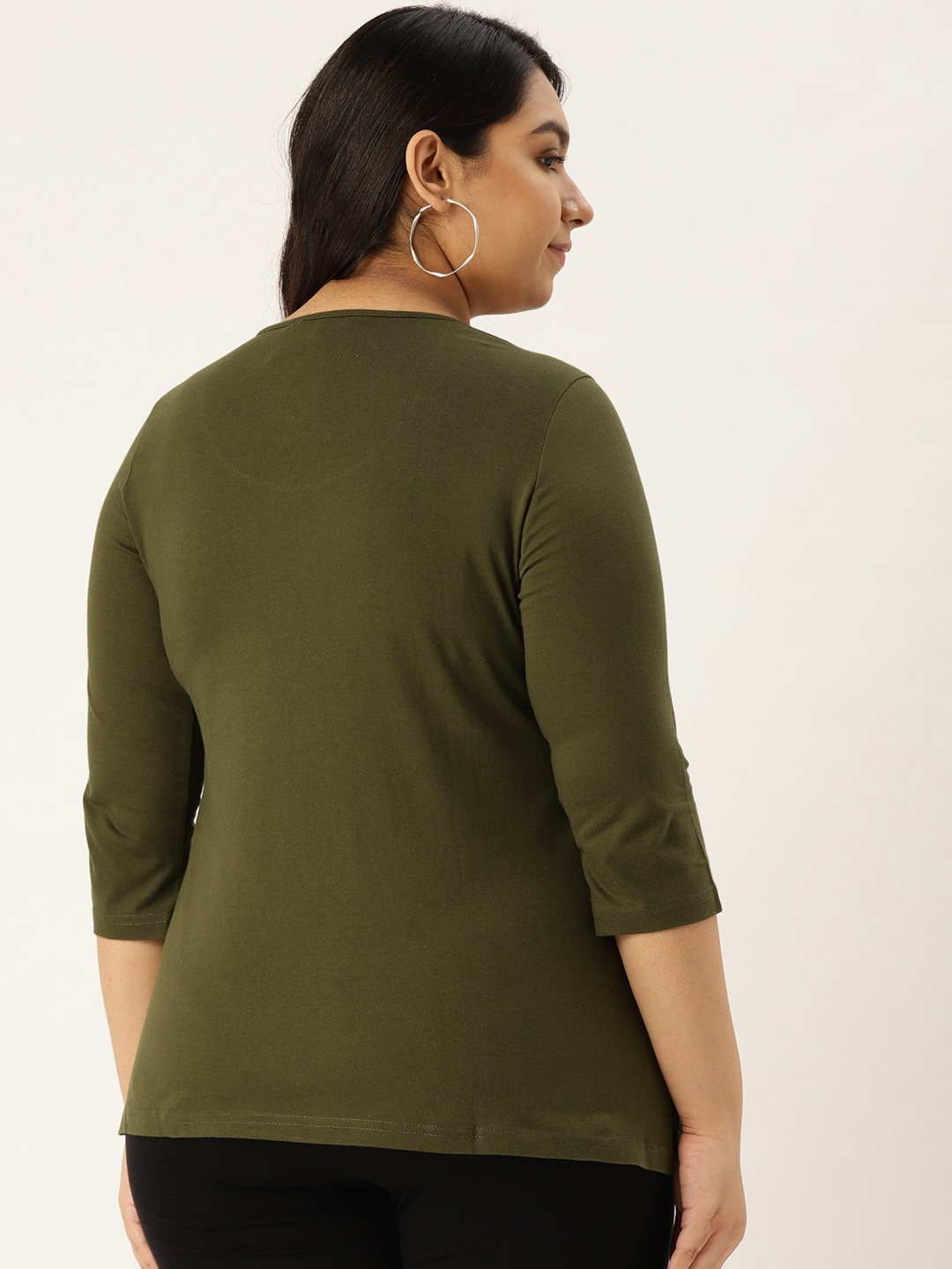 Women's Plus Size Olive Solid Color Round Neck Cotton 3/4th Sleeve T-Shirt