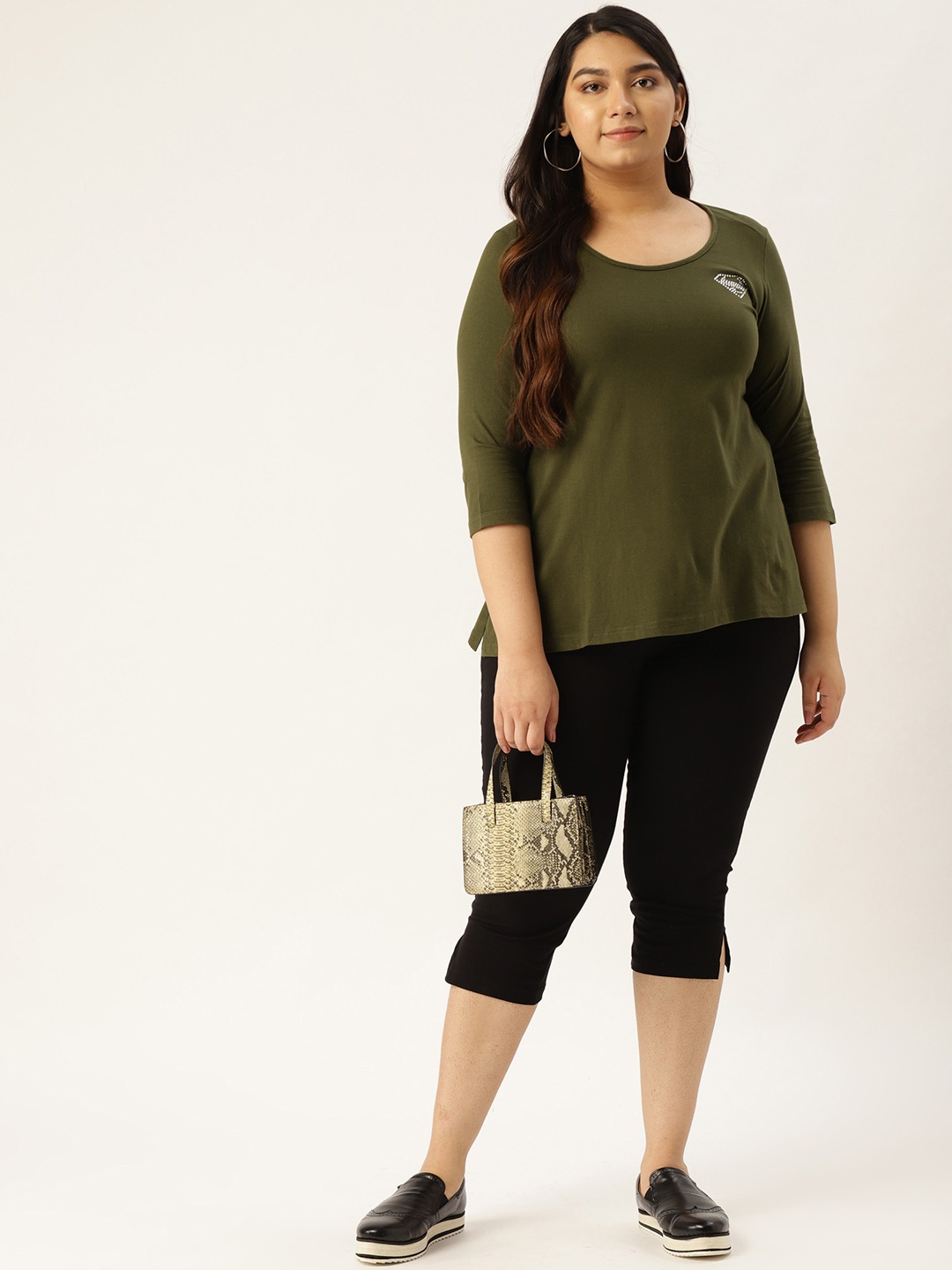 Women's Plus Size Olive Solid Color Round Neck Cotton 3/4th Sleeve T-Shirt