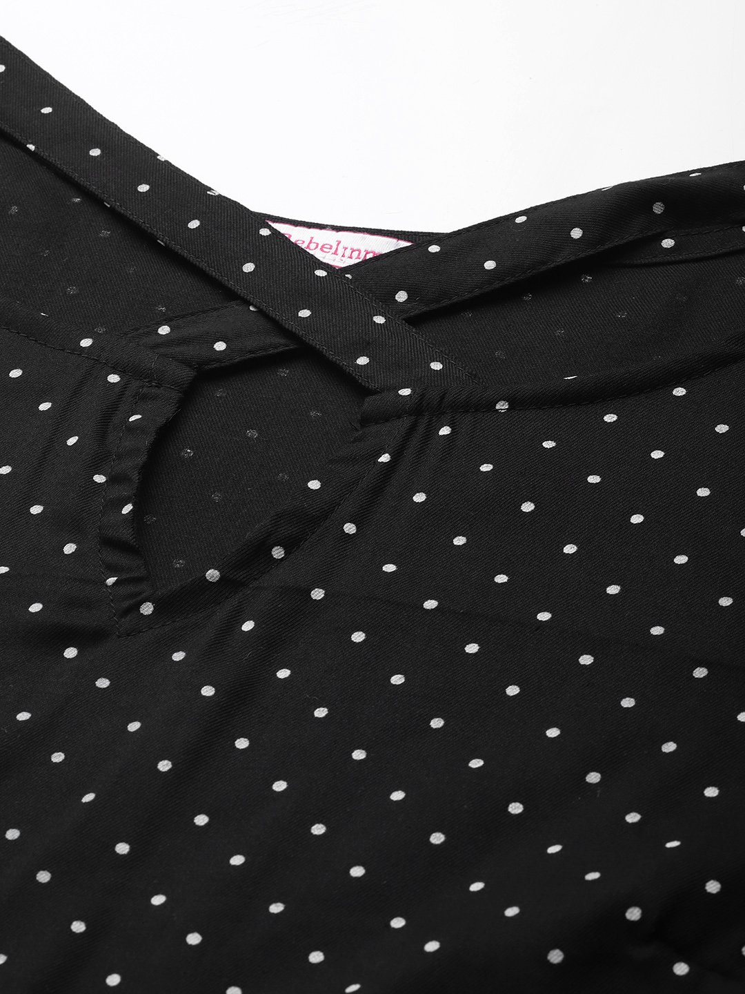 Women's Plus Size Black Polka Dot Printed neck Cut Out Detail Woven Top