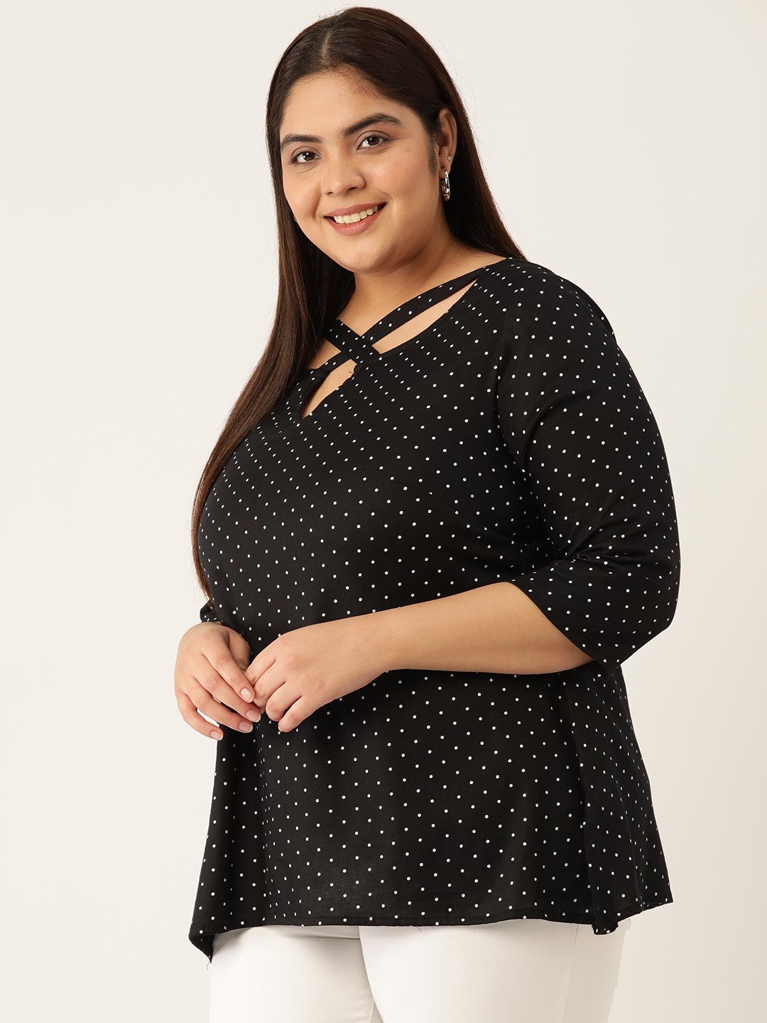 Women's Plus Size Black Polka Dot Printed neck Cut Out Detail Woven Top