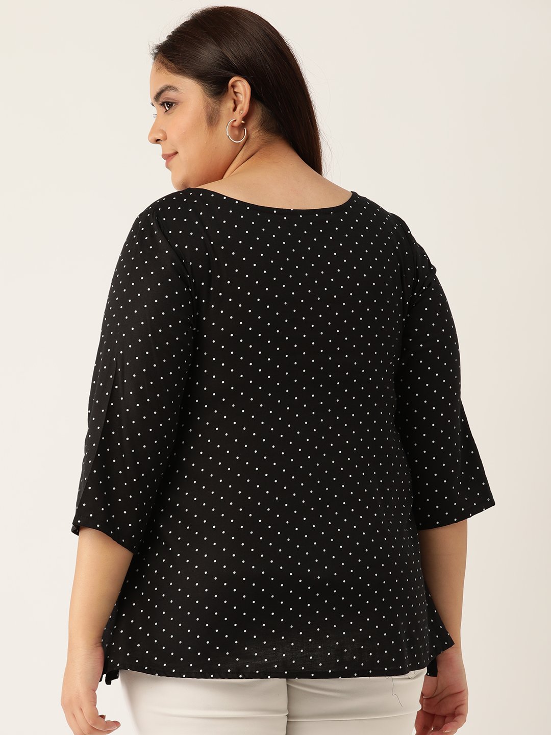 Women's Plus Size Black Polka Dot Printed neck Cut Out Detail Woven Top