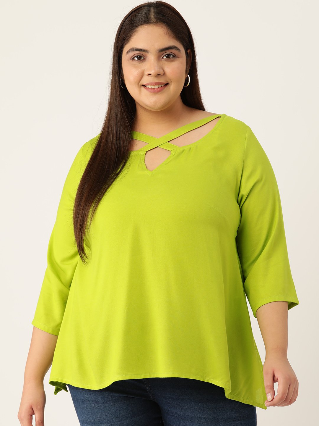 Women's Plus Size Green Solid Color neck Cut Out Detail Woven Top