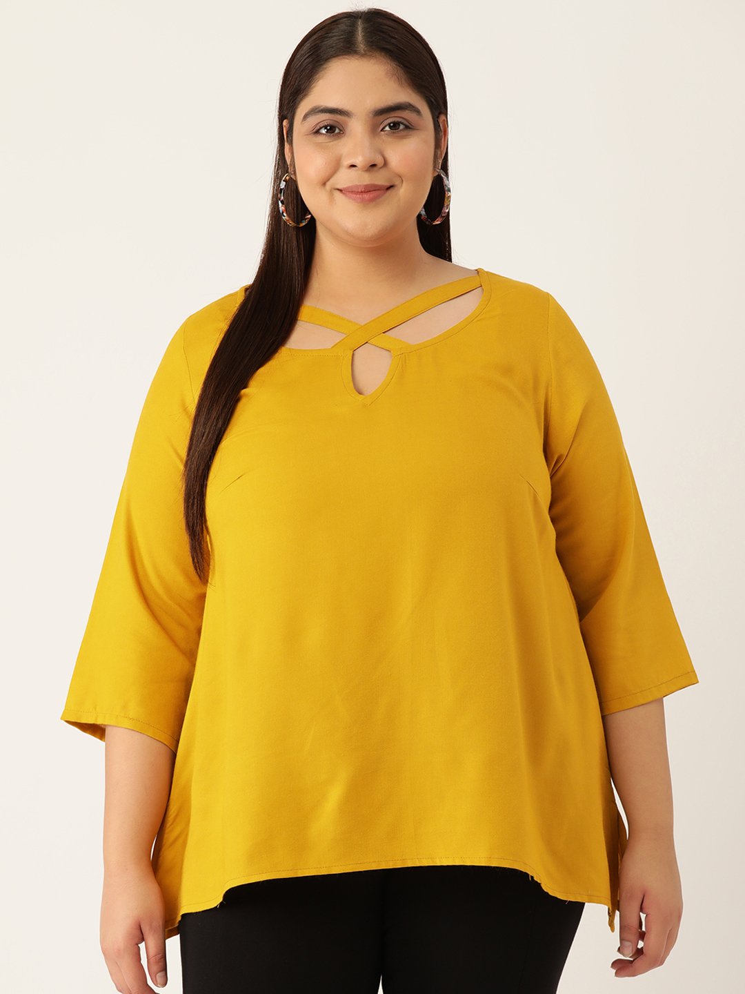 Women's Plus Size Mustard Solid Color neck Cut Out Detail Woven Top