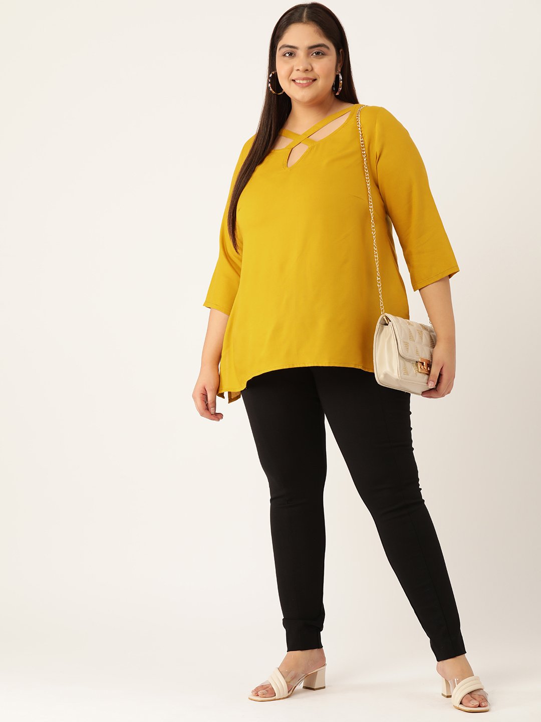 Women's Plus Size Mustard Solid Color neck Cut Out Detail Woven Top