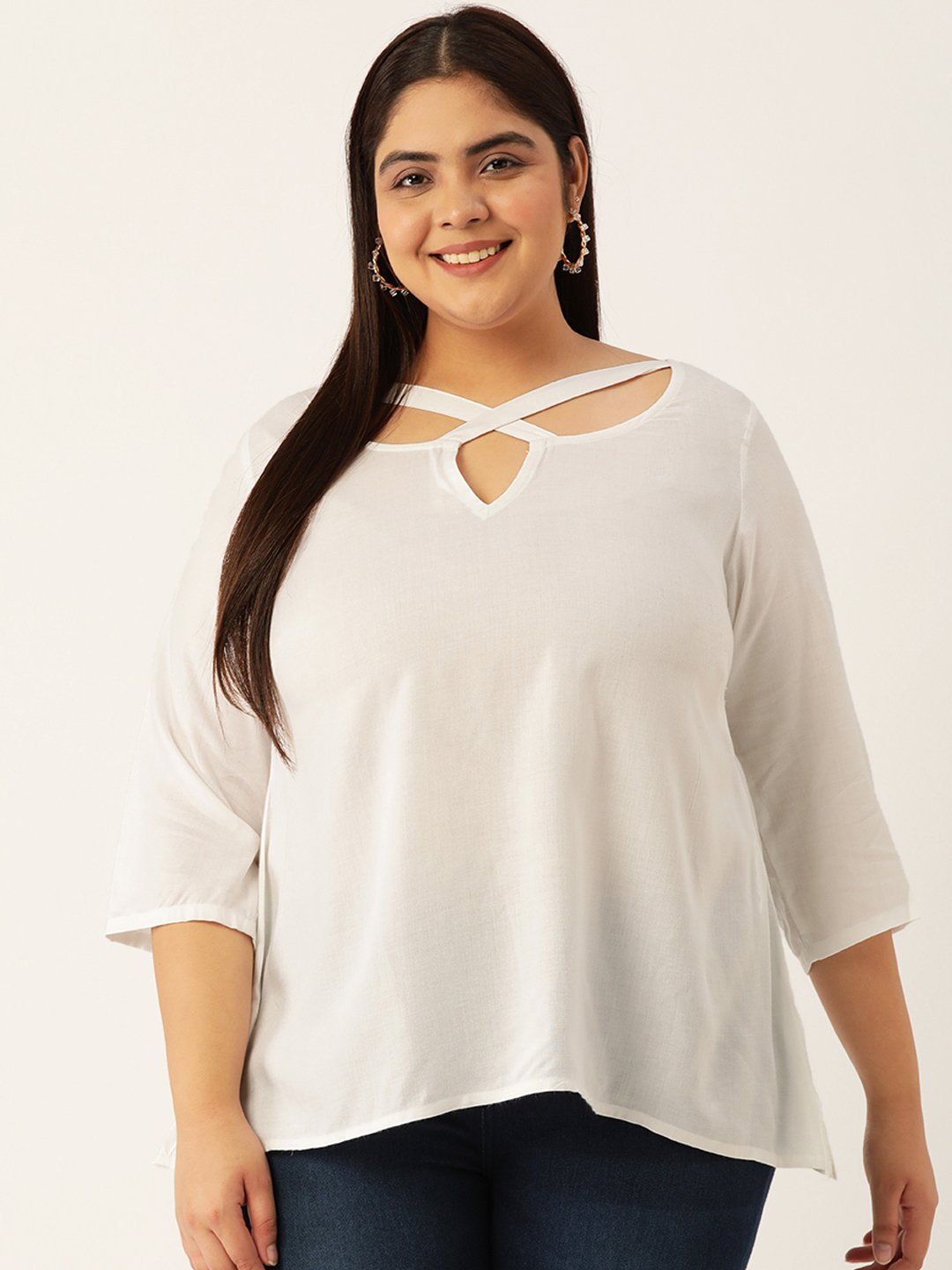 Women's Plus Size White Solid Color neck Cut Out Detail Woven Top