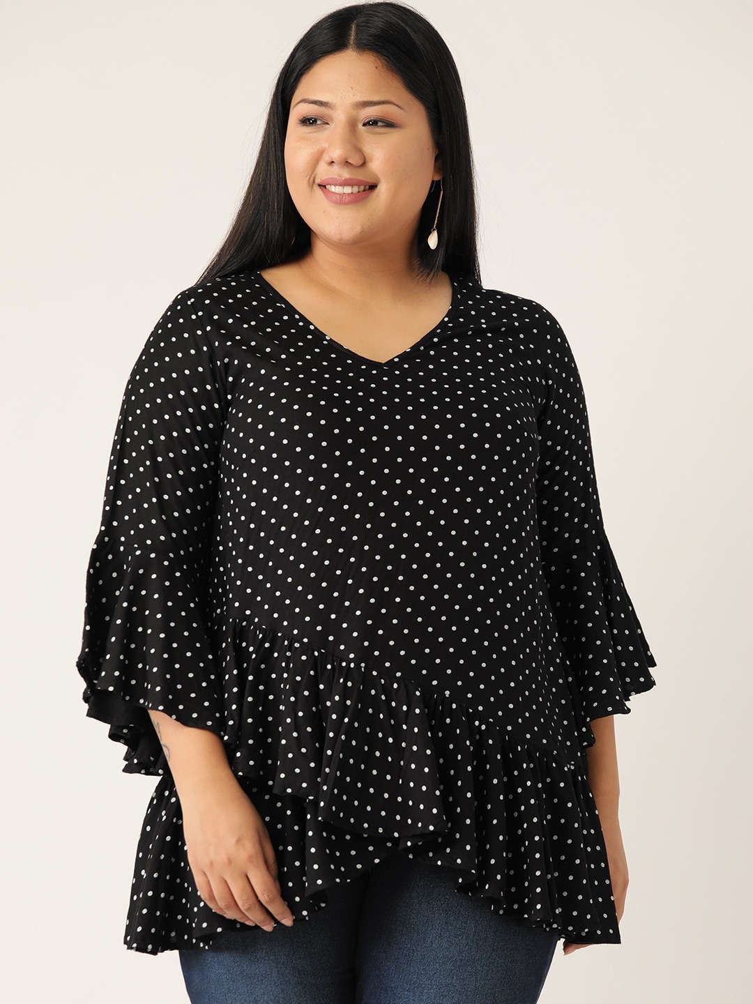Women's Plus Size Black & White Polka Dot Printed Layered Top