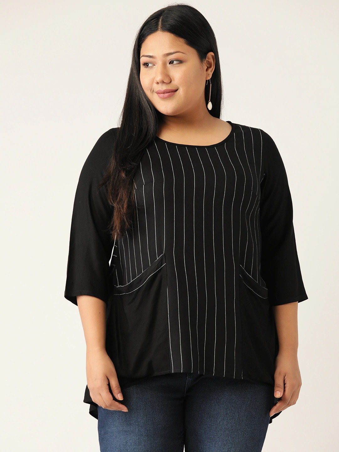 Women's Plus Size Black & White Striped High Low Top
