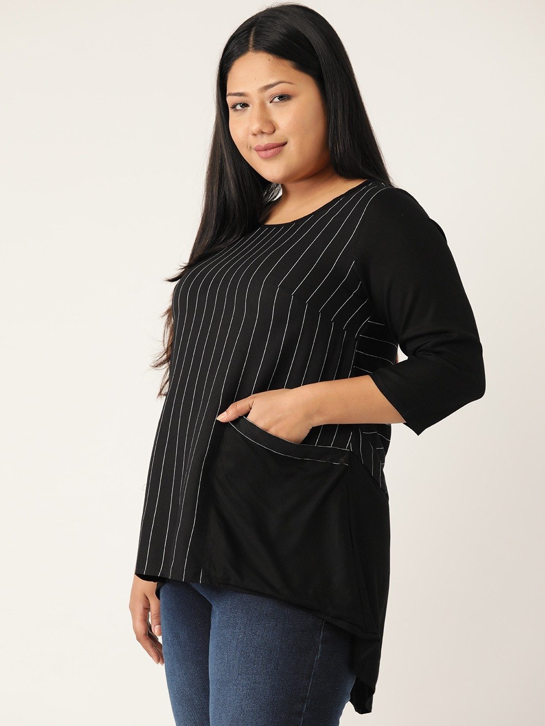 Women's Plus Size Black & White Striped High Low Top