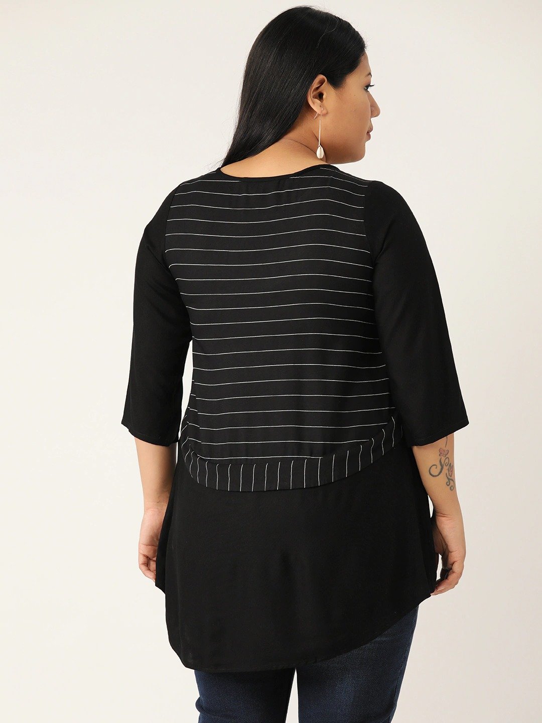 Women's Plus Size Black & White Striped High Low Top