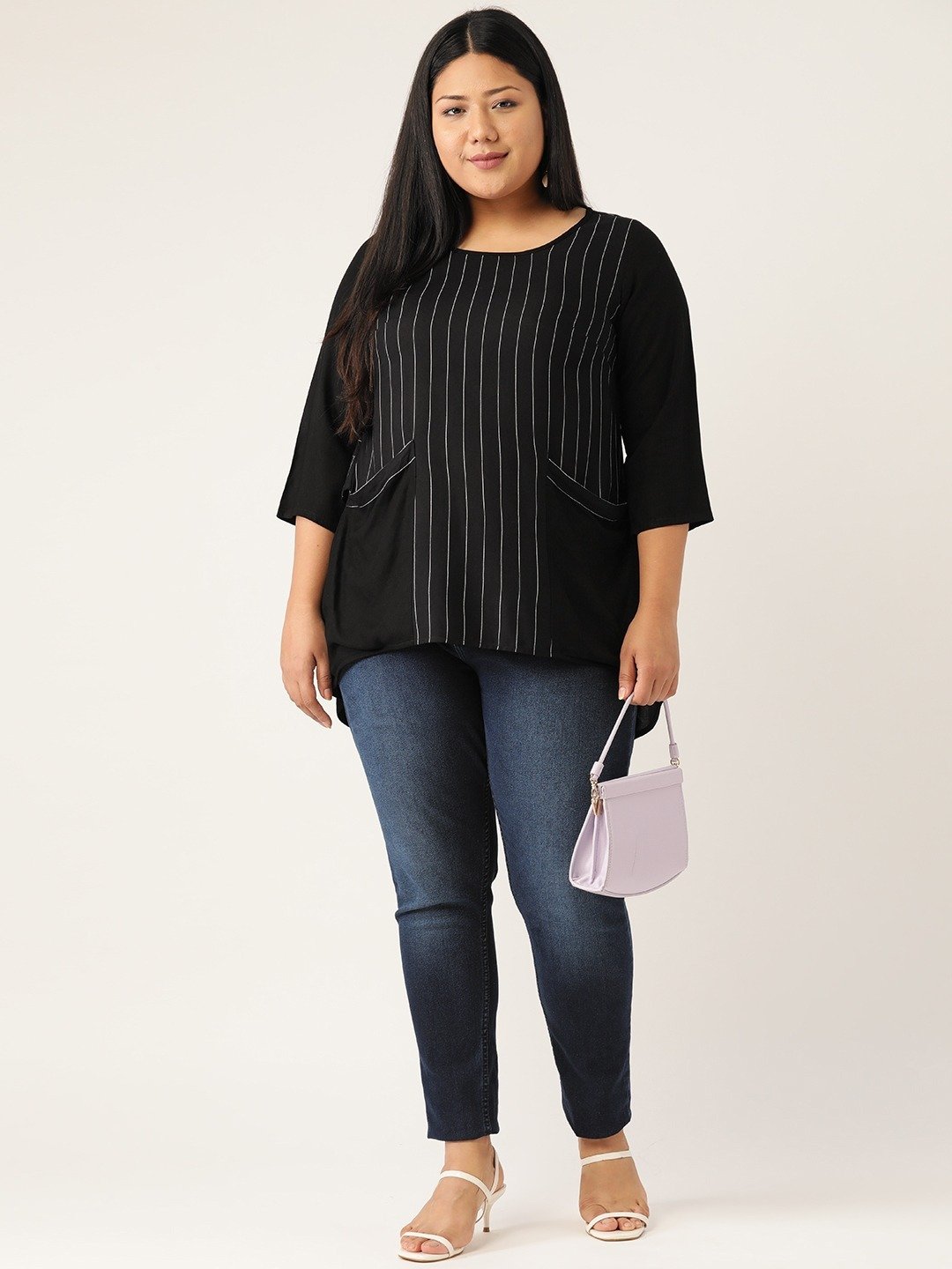 Women's Plus Size Black & White Striped High Low Top