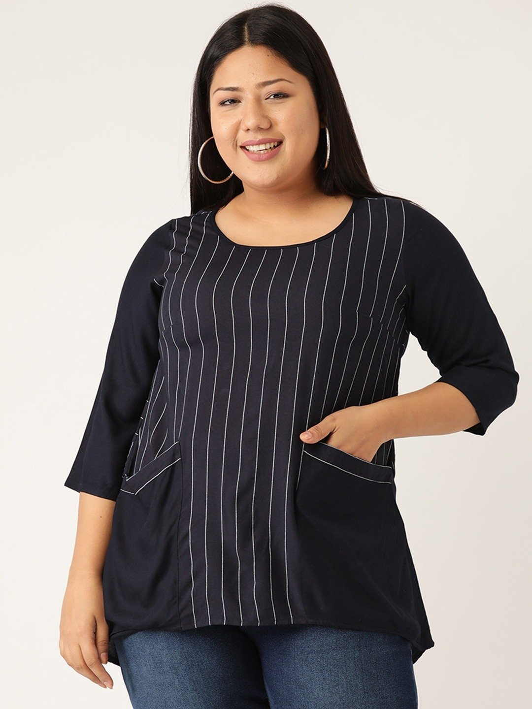 Women's Plus Size Navy Blue Striped High Low Top