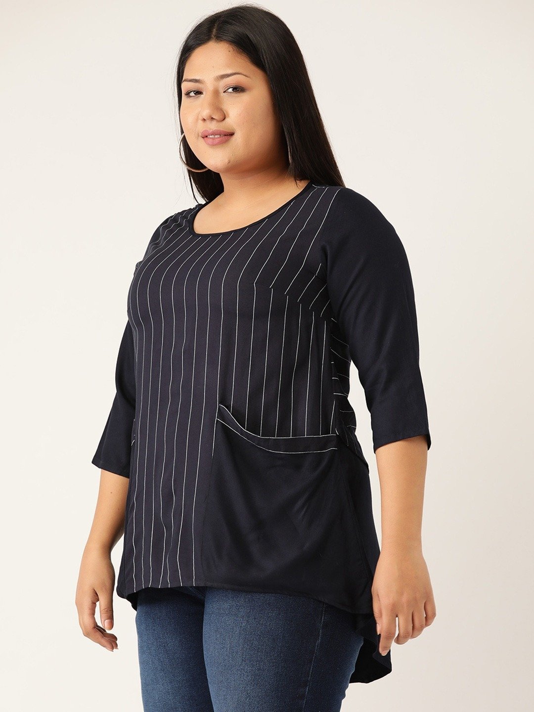 Women's Plus Size Navy Blue Striped High Low Top