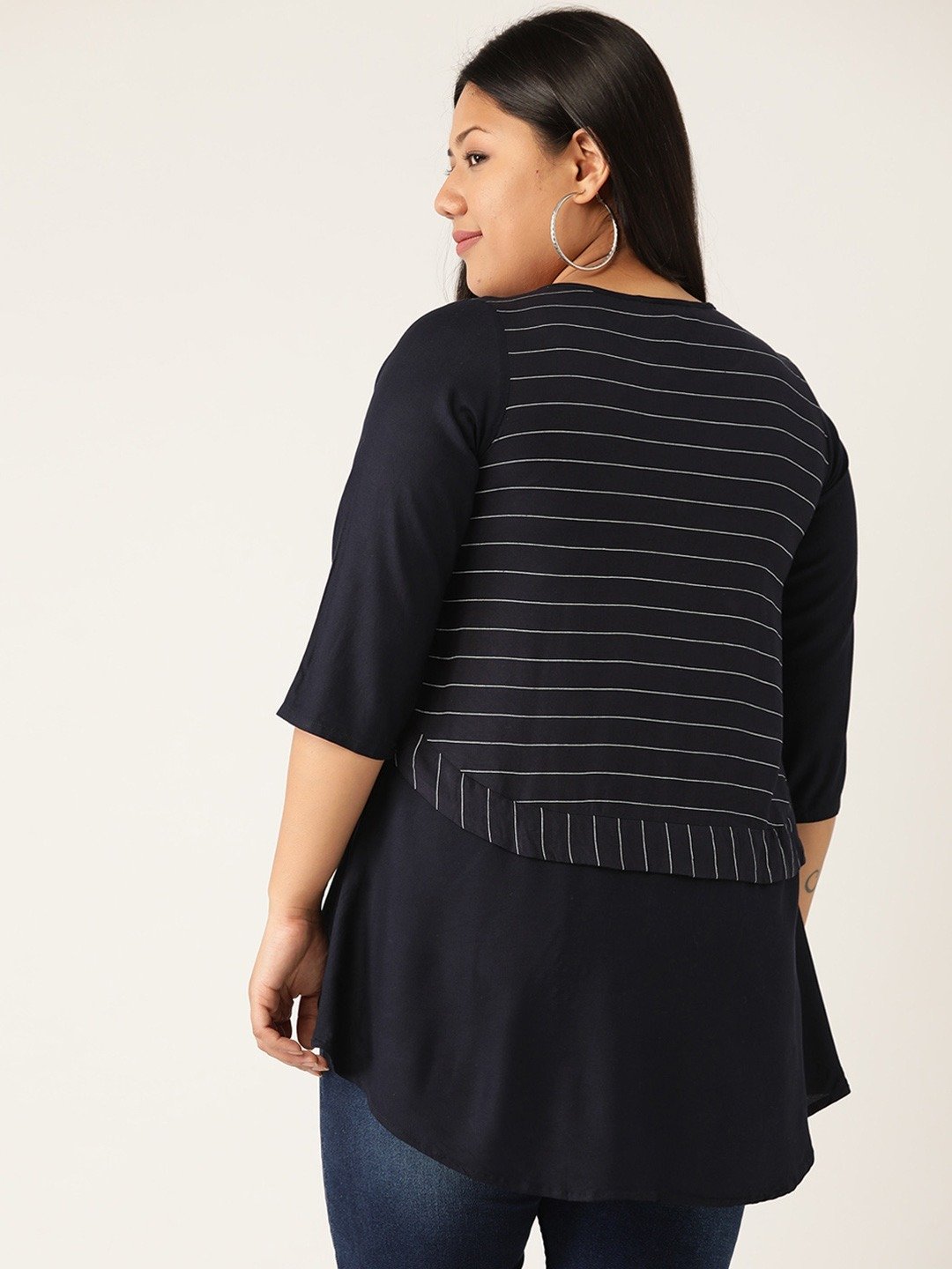 Women's Plus Size Navy Blue Striped High Low Top