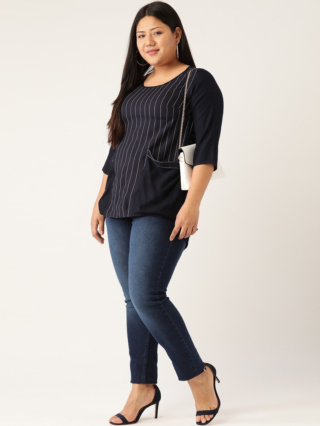 Women's Plus Size Navy Blue Striped High Low Top