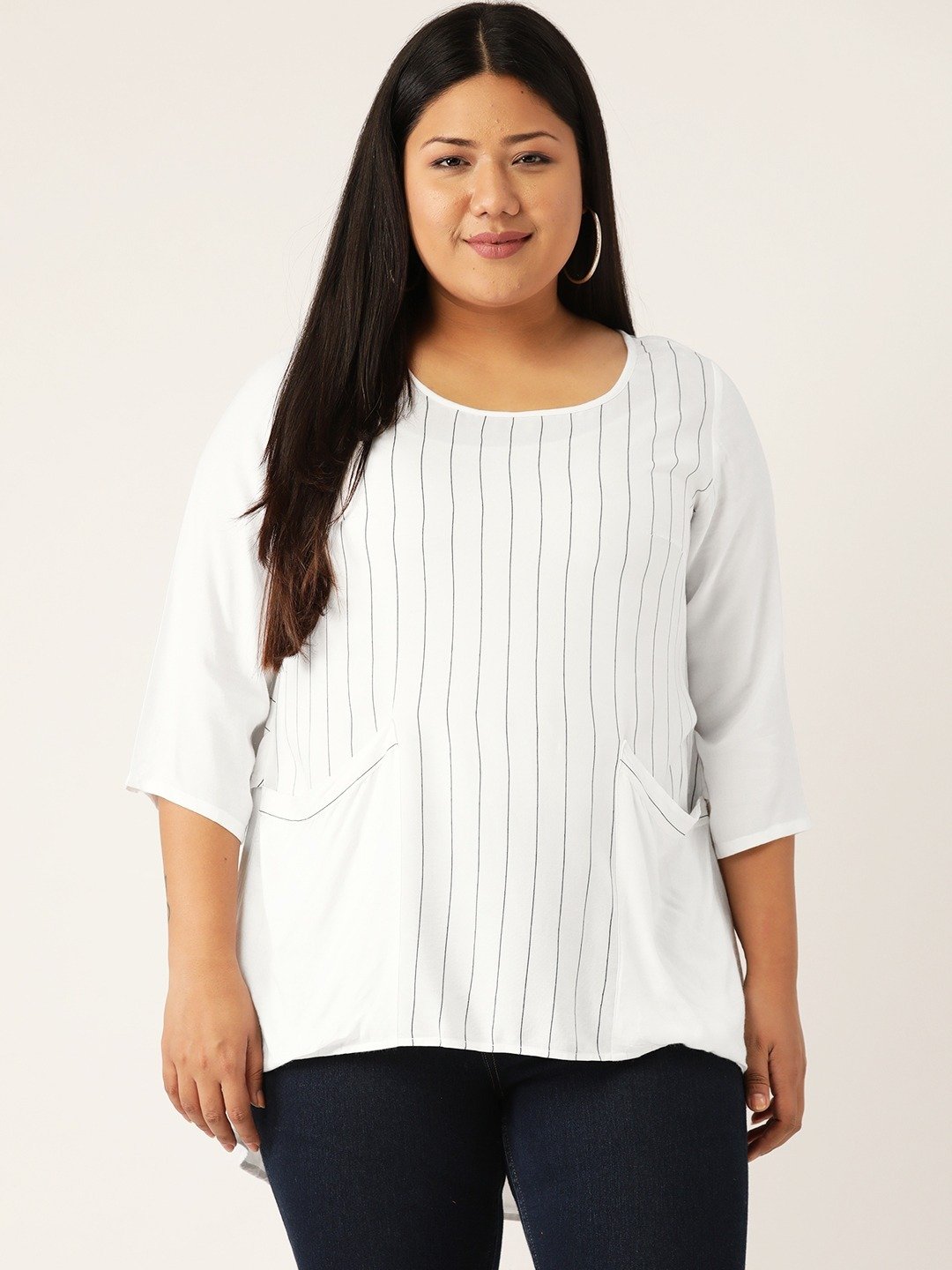 Women's Plus Size White & Black Striped High Low Top