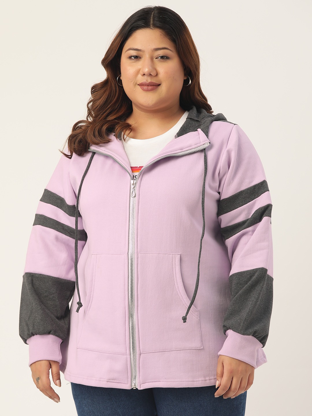 Women's Plus Size Lilac & Charcoal Color Block Hooded Jacket