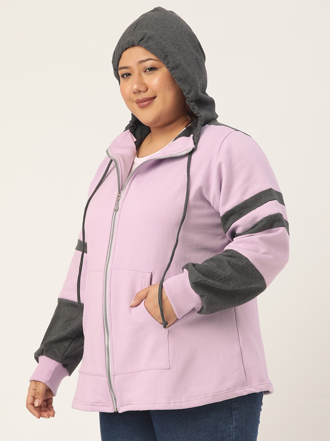 Women's Plus Size Lilac & Charcoal Color Block Hooded Jacket