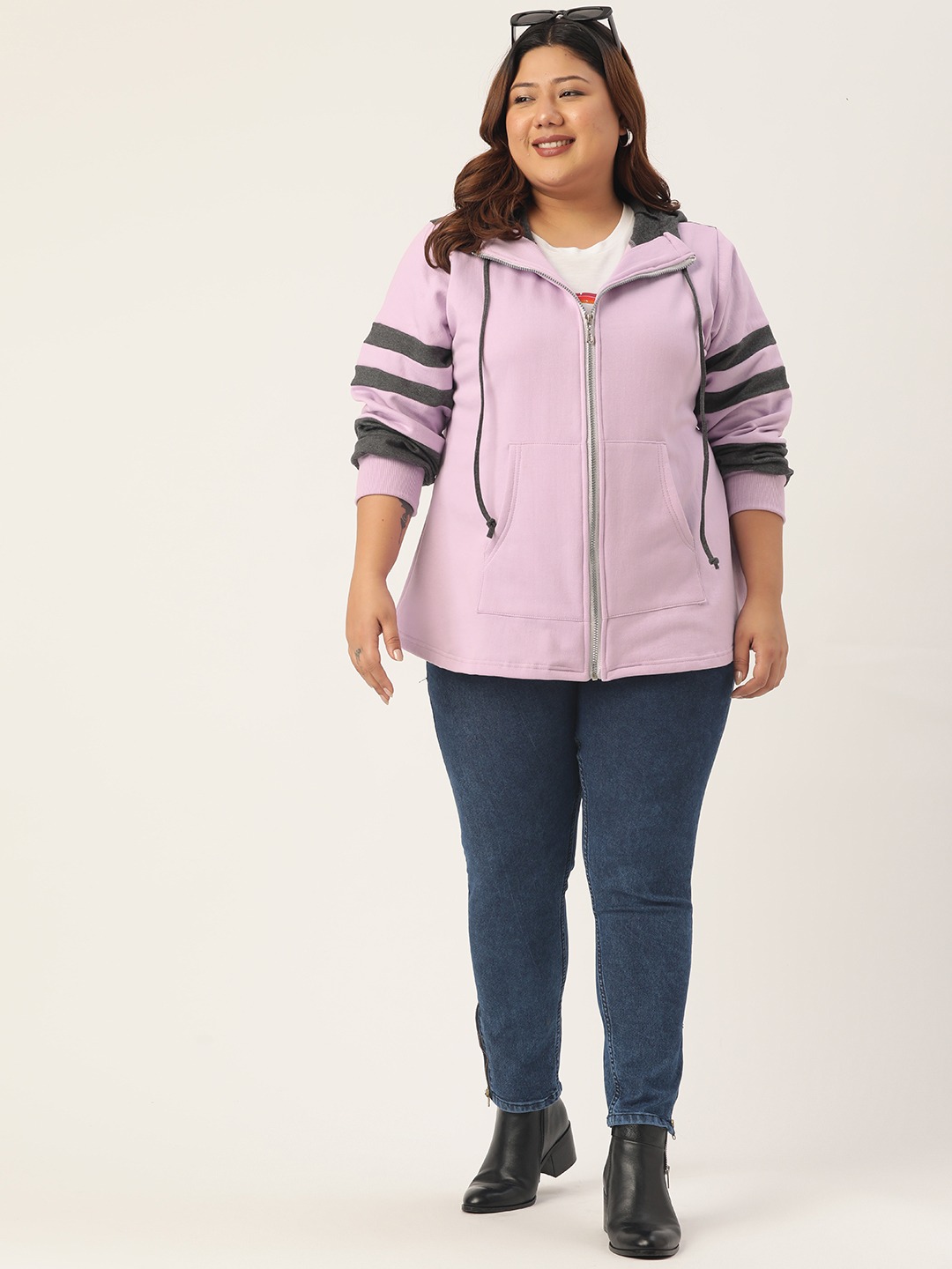 Women's Plus Size Lilac & Charcoal Color Block Hooded Jacket