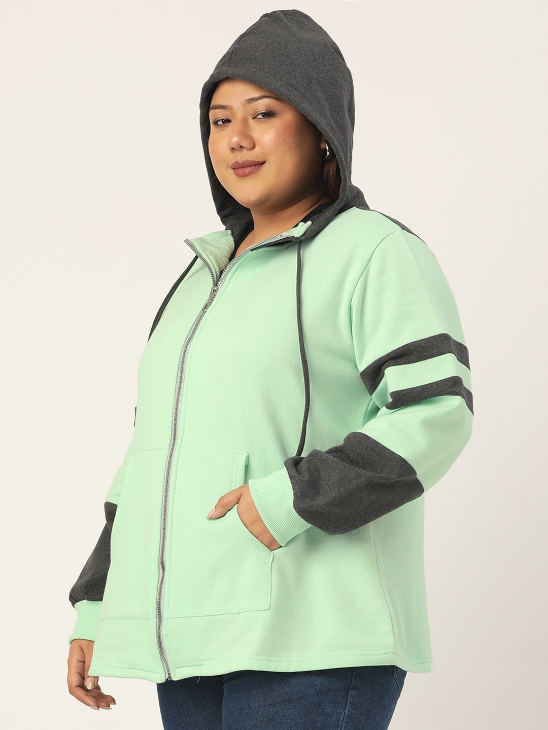 Women's Plus Size Sea Green & Charcoal Color Block Hooded Jacket