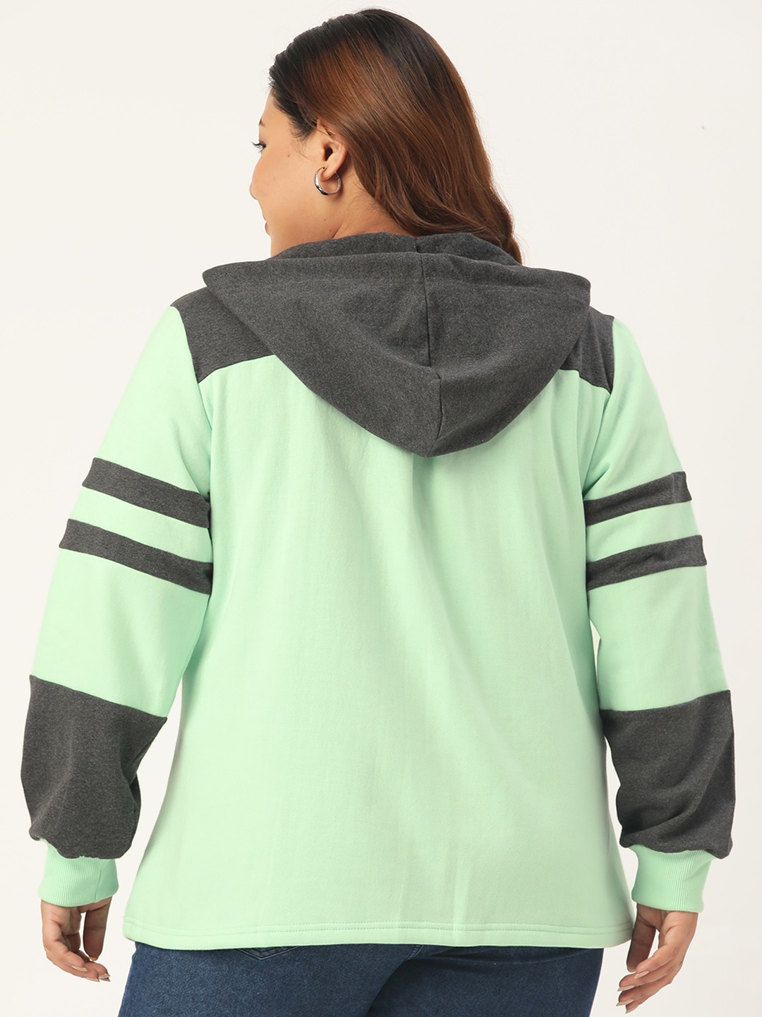 Women's Plus Size Sea Green & Charcoal Color Block Hooded Jacket