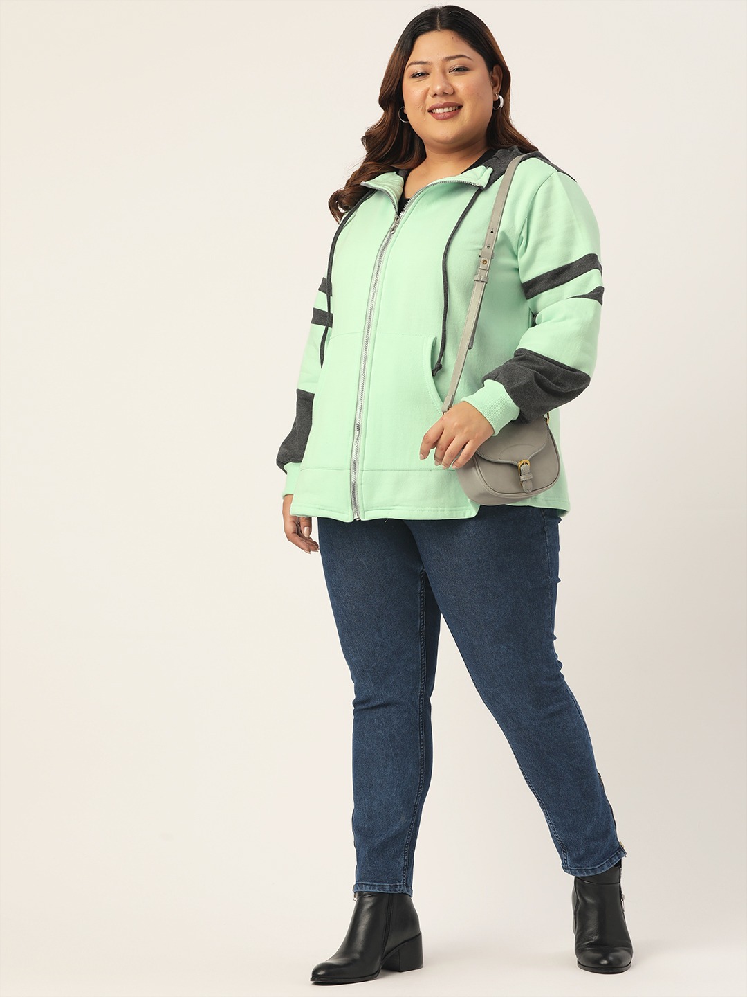 Women's Plus Size Sea Green & Charcoal Color Block Hooded Jacket