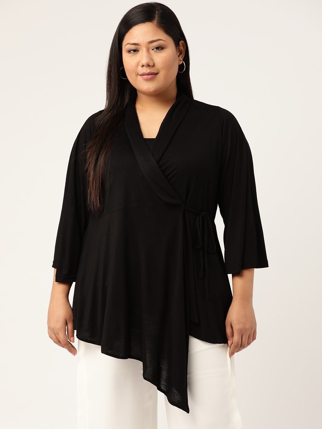 Women's Plus SizeBlack Solid Color Asymmetric Wrap Top