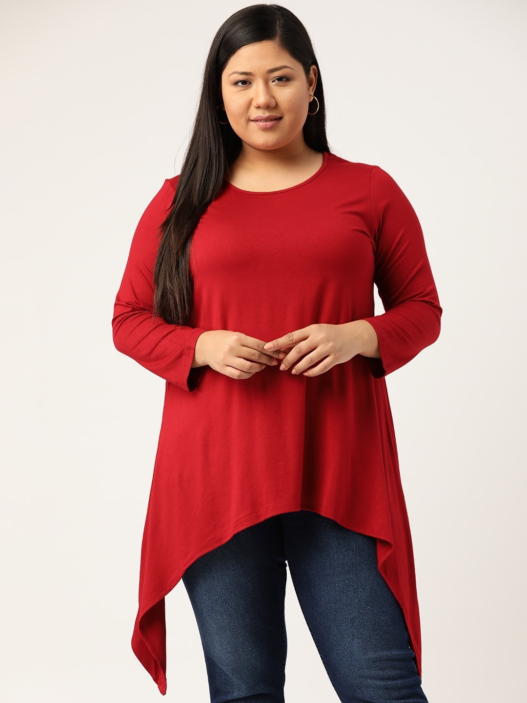 Women's Plus Size Maroon Solid Color Knitted Asymmetrical Top