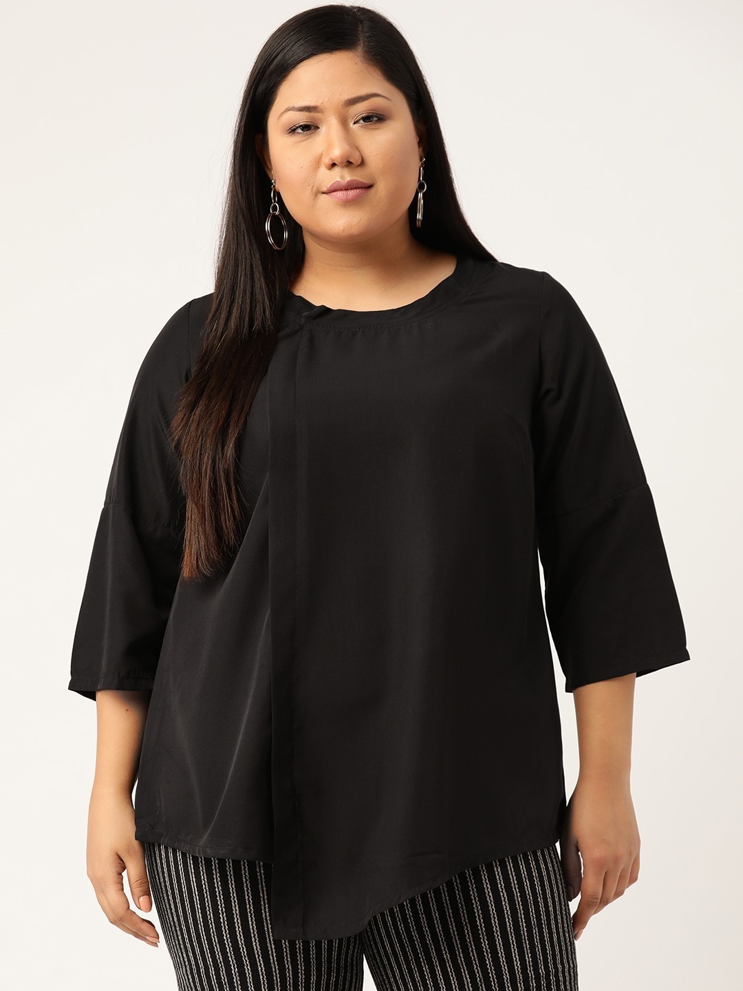 Women's Plus Size Black Solid Color Asymmetric A-Line Top