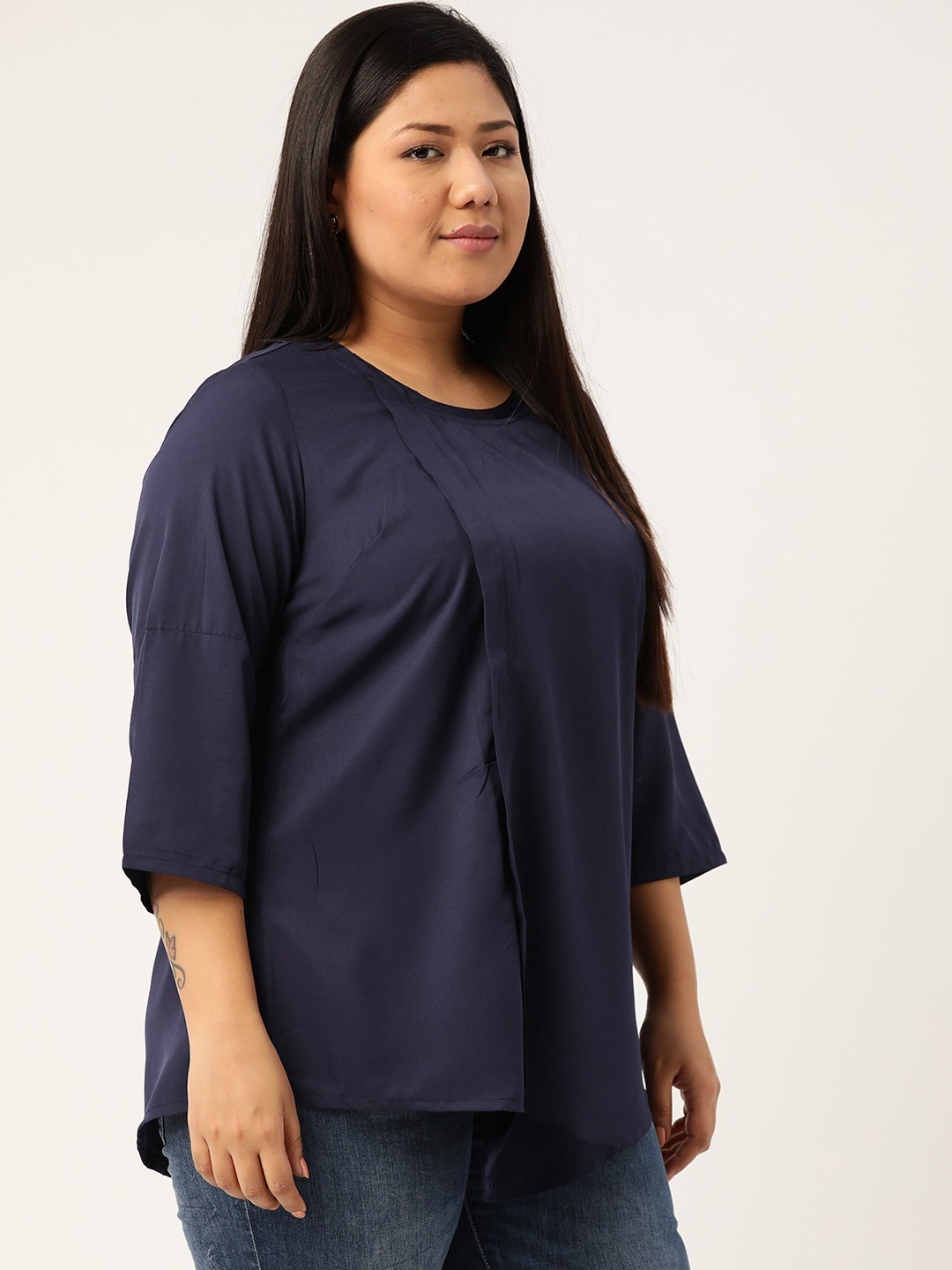 Women's Plus Size Navy Blue Solid Color Asymmetric A-Line Top