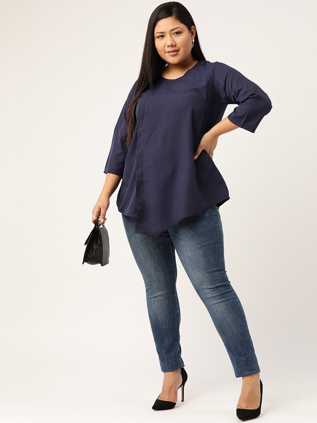 Women's Plus Size Navy Blue Solid Color Asymmetric A-Line Top