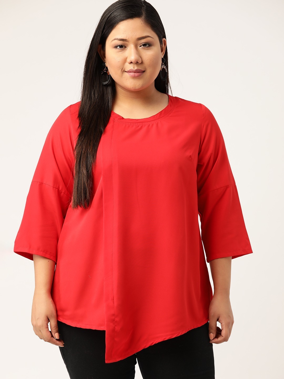 Women's Plus Size Red Solid Color Asymmetric A-Line Top
