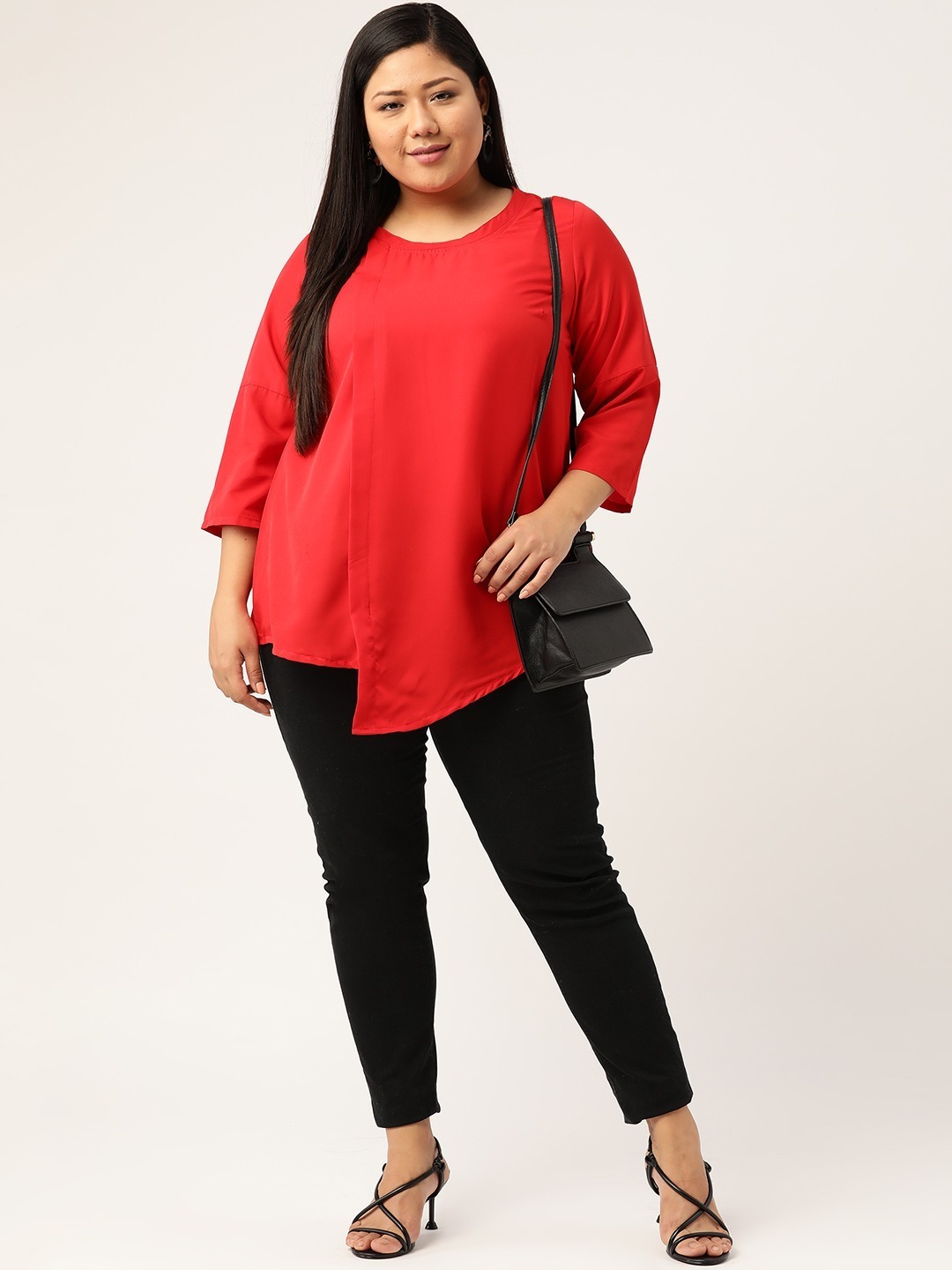 Women's Plus Size Red Solid Color Asymmetric A-Line Top