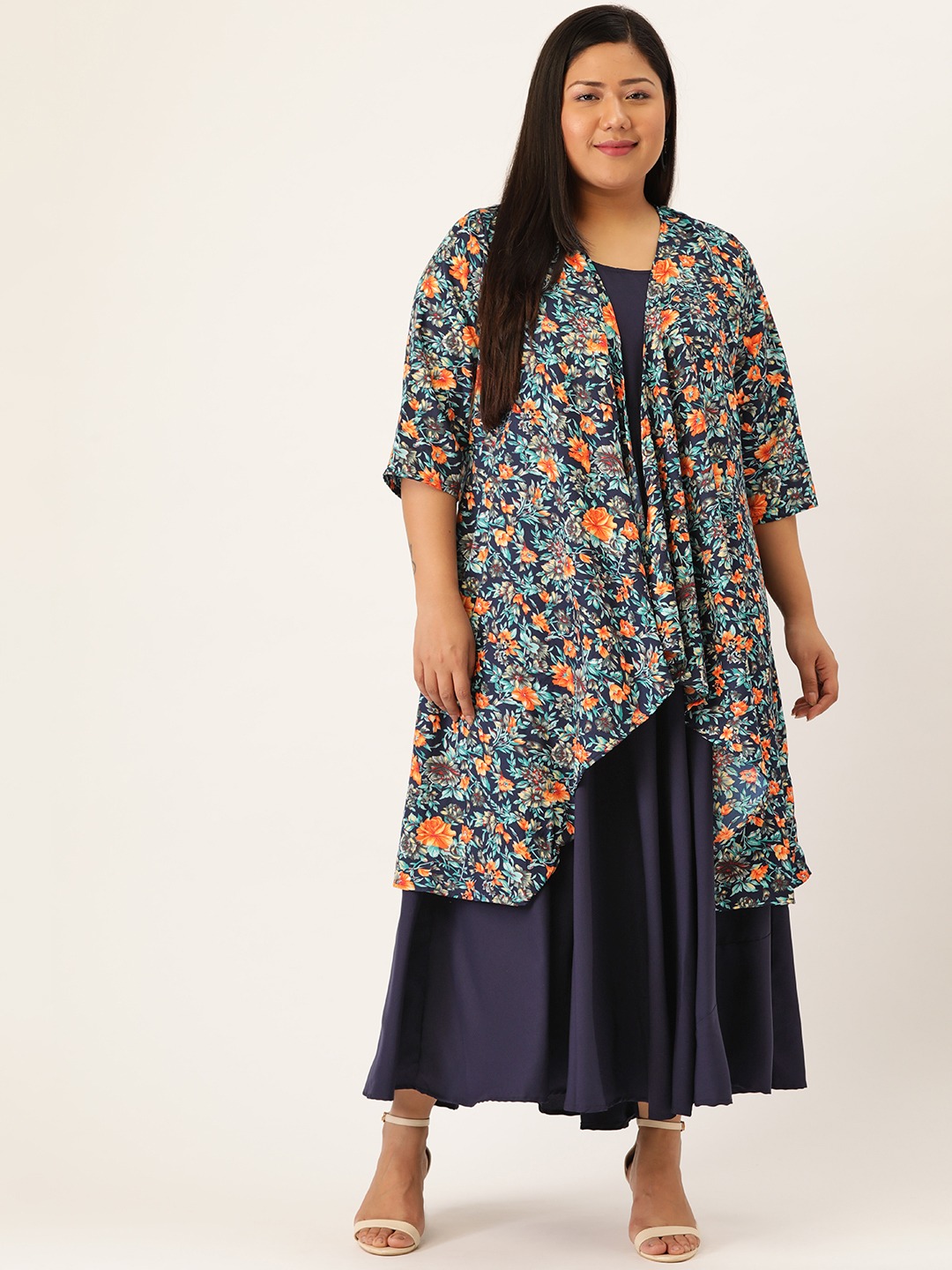 Women's Plus SizeNavy Blue Solid Maxi Dress With Floral Shrug
