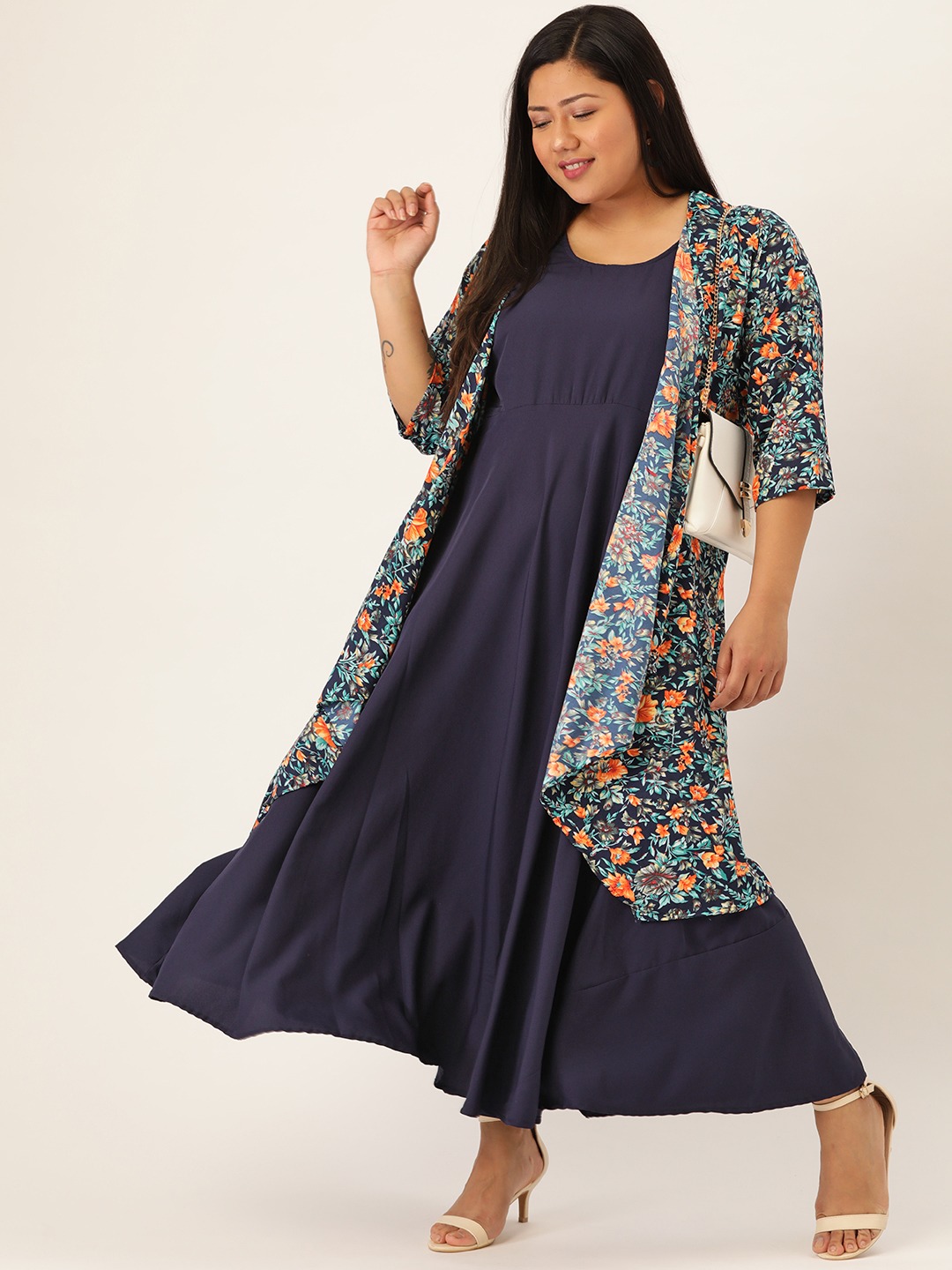 Women's Plus SizeNavy Blue Solid Maxi Dress With Floral Shrug