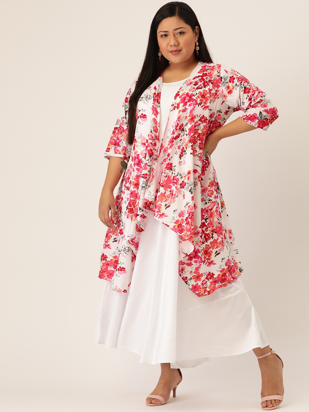 Women's Plus SizeWhite Solid Maxi Dress With Floral Shrug