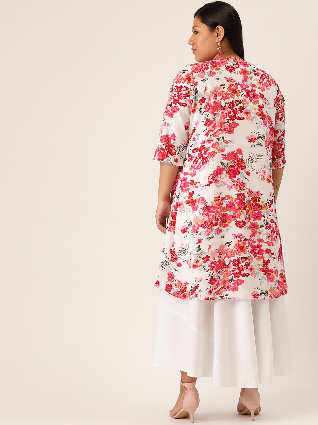 Women's Plus SizeWhite Solid Maxi Dress With Floral Shrug